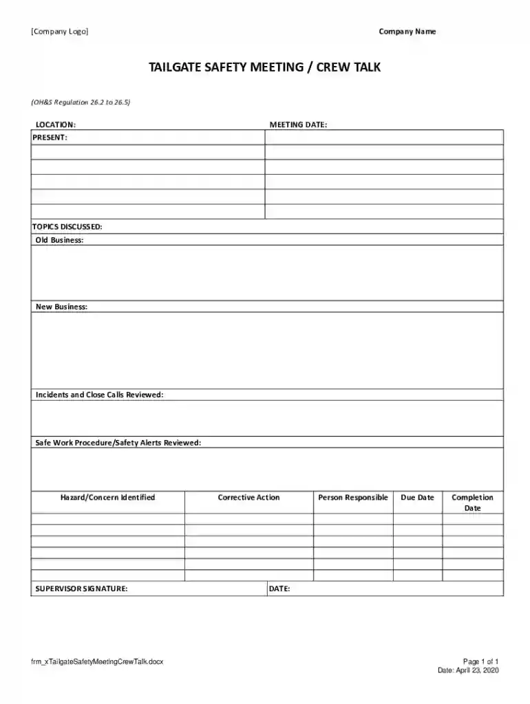 tailgate meeting form Preview on Page 1