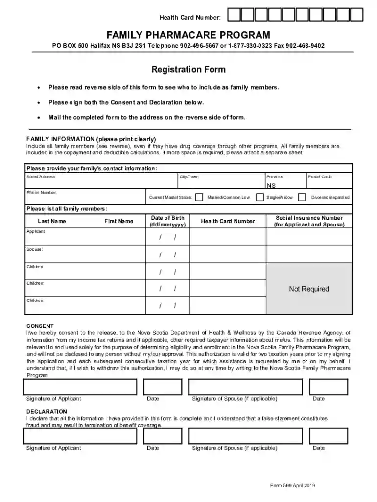 Family Pharmacare Registration Form - Nova Scotia Preview on Page 1
