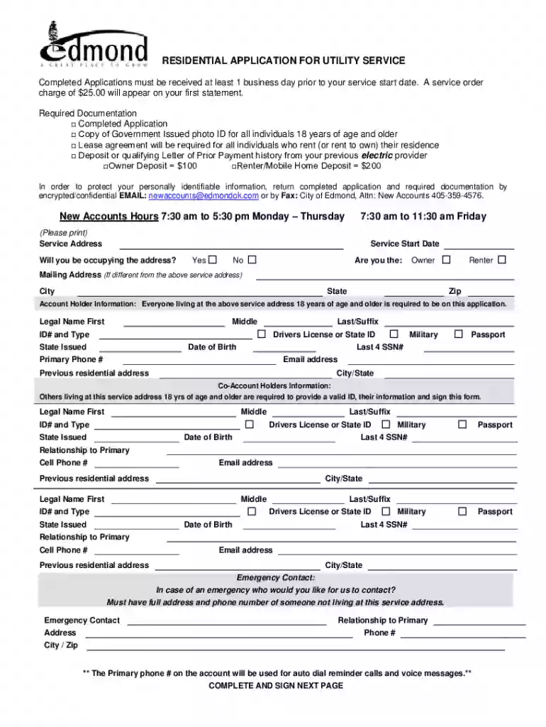 residential application for utility service - Edmond, OK Preview on Page 1
