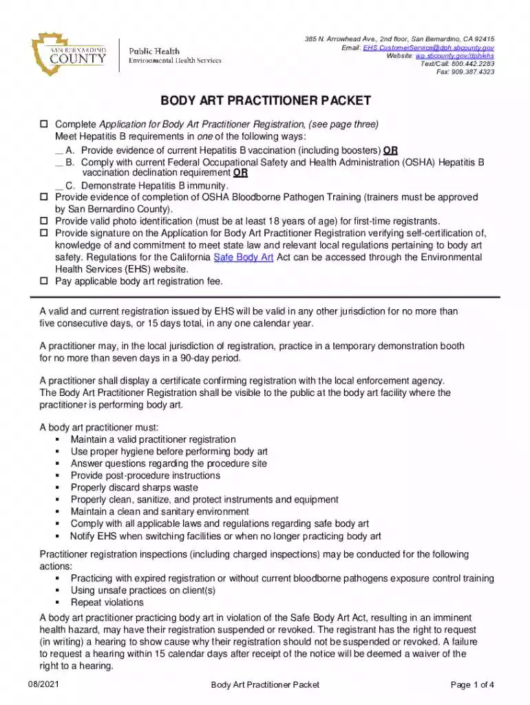 fill.ioBODY-ART-PRACTITIONER-PACKETFill - Free fillable BODY ART PRACTITIONER PACKET (County of ... Preview on Page 1