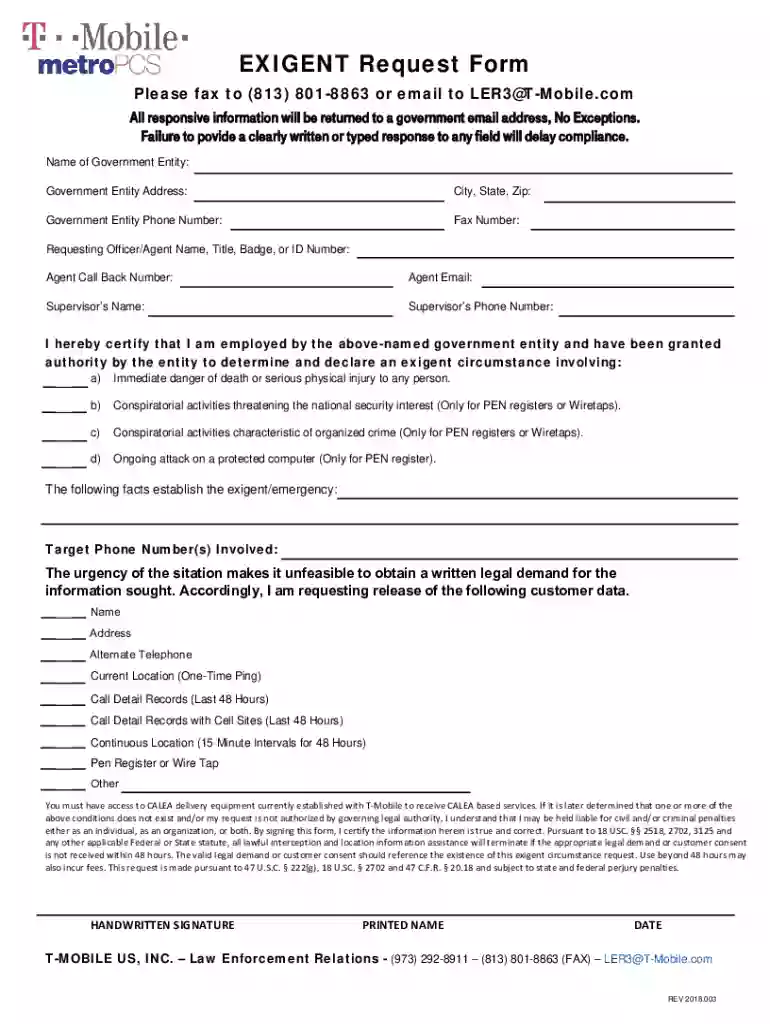 t mobile exigent request form Preview on Page 1