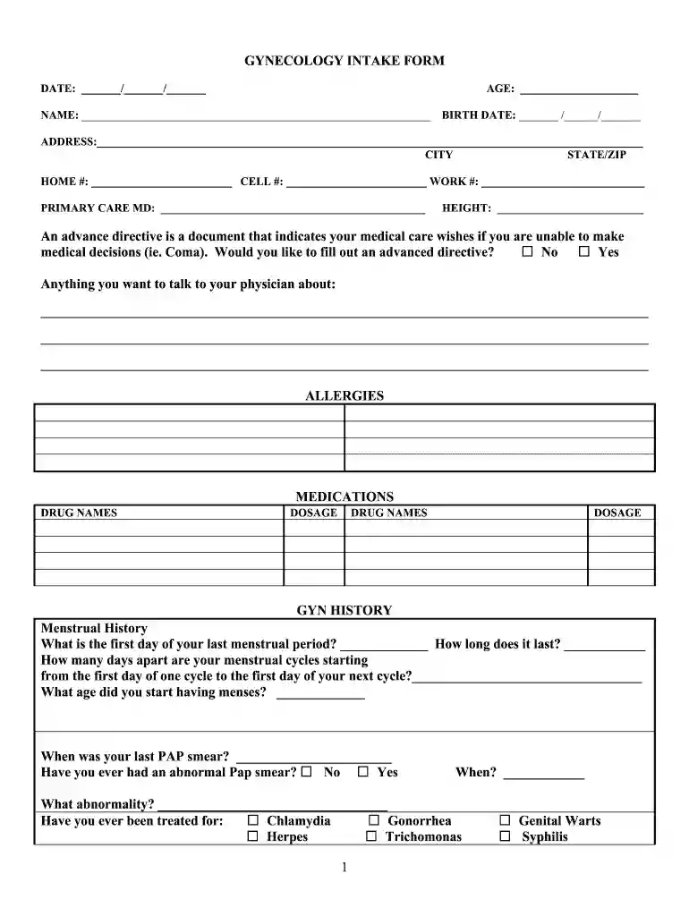 gynecology intake form Preview on Page 1