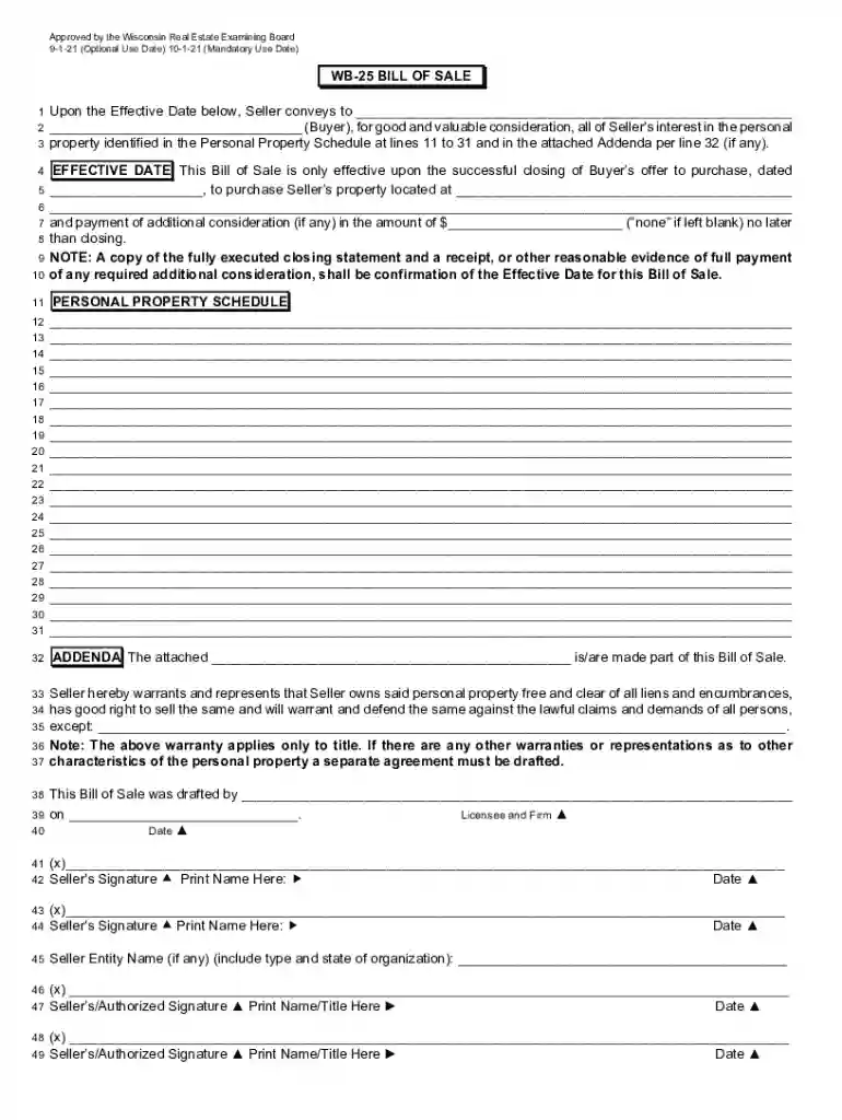 WB-25 BILL OF SALE Upon the Effective Date below, Seller conveys Preview on Page 1