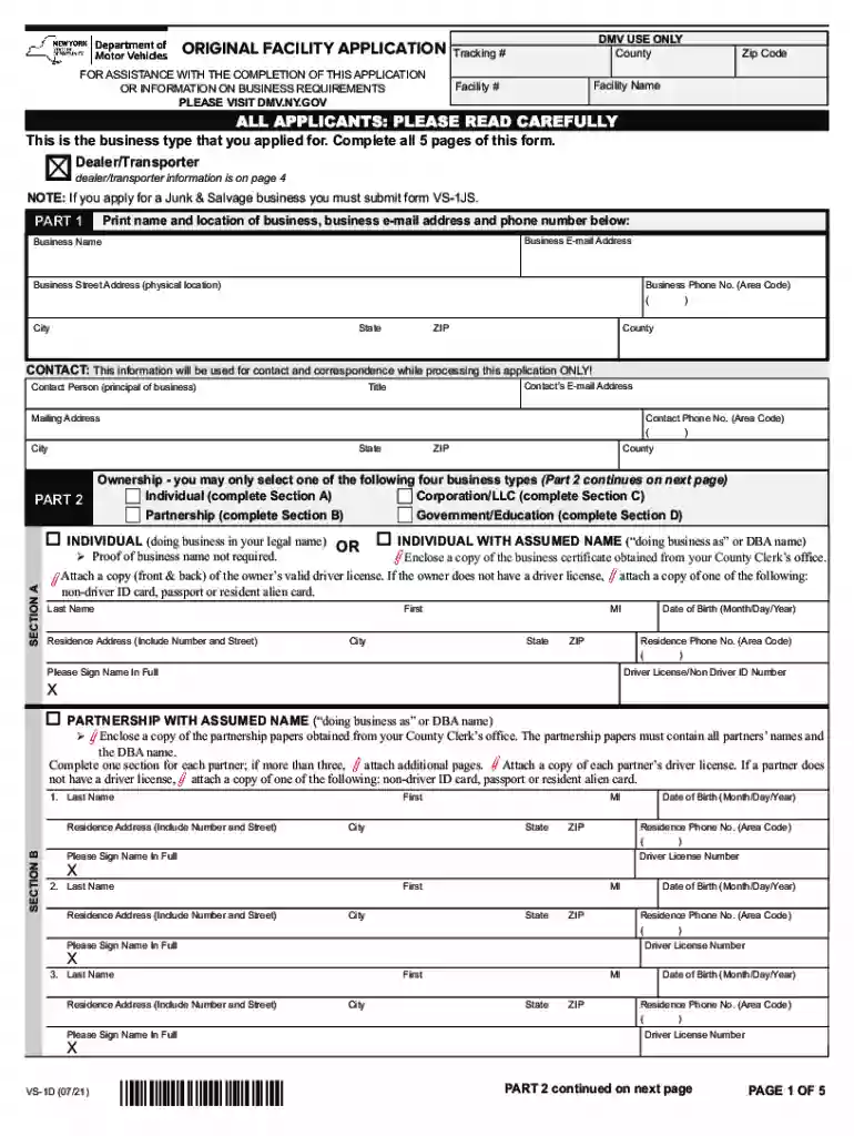 Original Facility Application - NY DMV Preview on Page 1