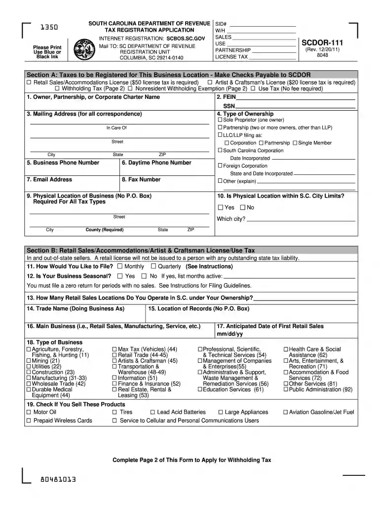 print south carolina accomodations tax form 111 2011 Preview on Page 1