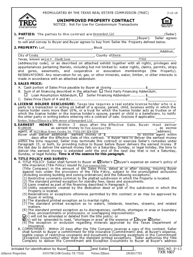 Texas Real Estate Commission Forms Contracts Preview on Page 1