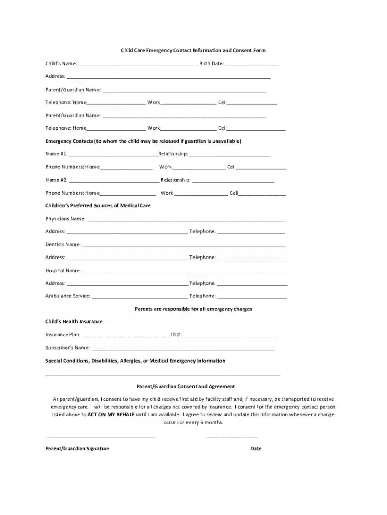 emergency contact form for childcare Preview on Page 1