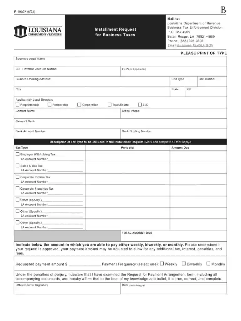 Form R-19027 "Installment Request for Business Taxes ... Preview on Page 1