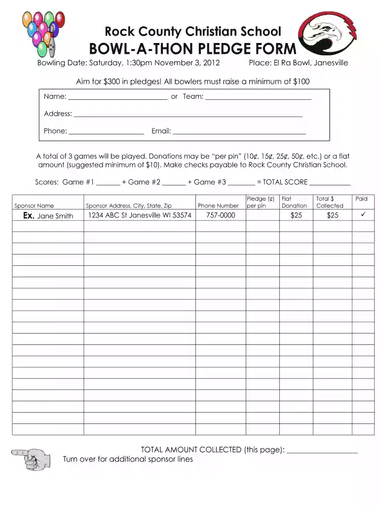 bowl a thon pledge sheet Preview on Page 1