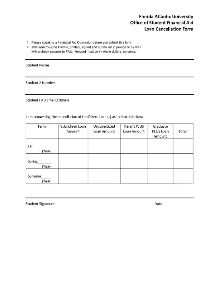 fau forms loan-cancellation-formFlorida Atlantic University Office of Student Financial Aid Preview on Page 1