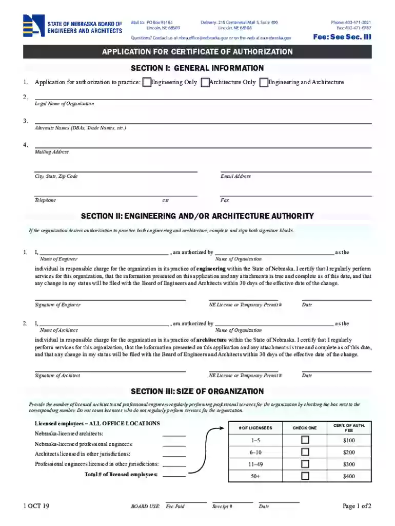 PDF APPLICATION FOR CERTIFICATE OF AUTHORIZATION SECTION I Preview on Page 1