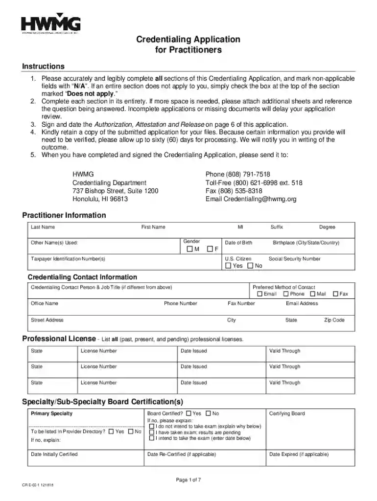 Credentialing Application for Hospitals and Facilities Preview on Page 1