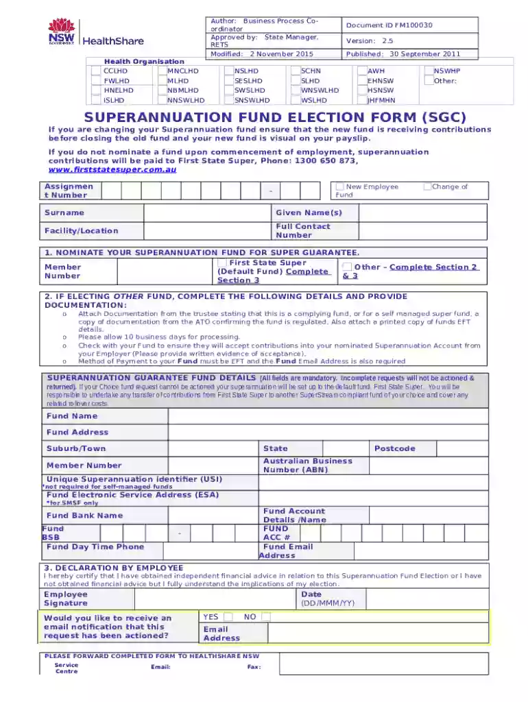 Superannuation Fund Election Form (SGC) NSW Health Preview on Page 1