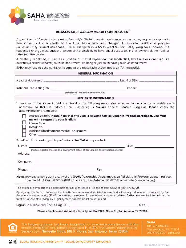 REASONABLE ACCOMMODATION REQUEST - San Antonio Preview on Page 1