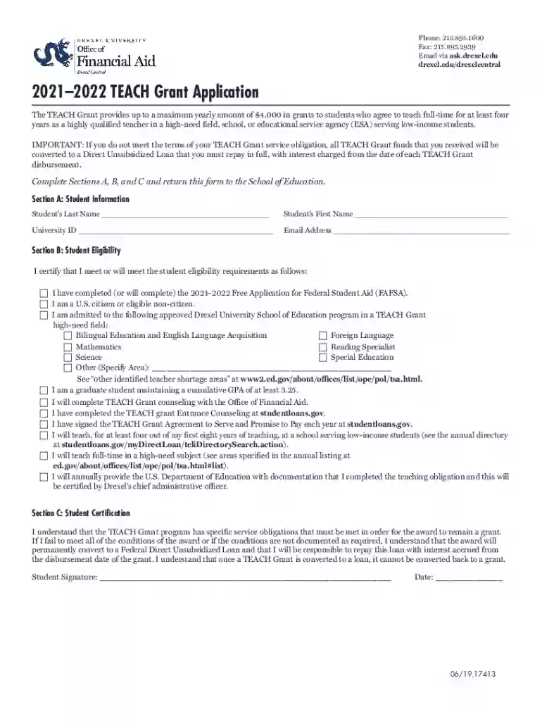 20202021 TEACH Grant Application - Drexel Preview on Page 1