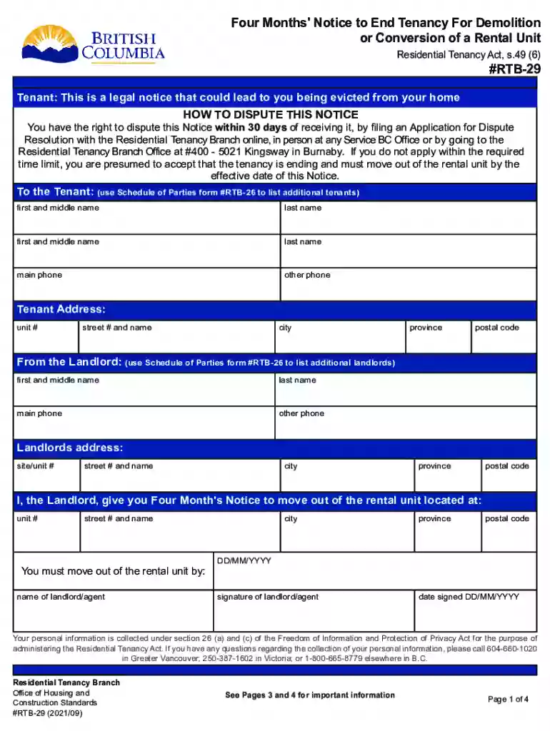 Fill - Free fillable Four Months' Notice to End Tenancy ... Preview on Page 1