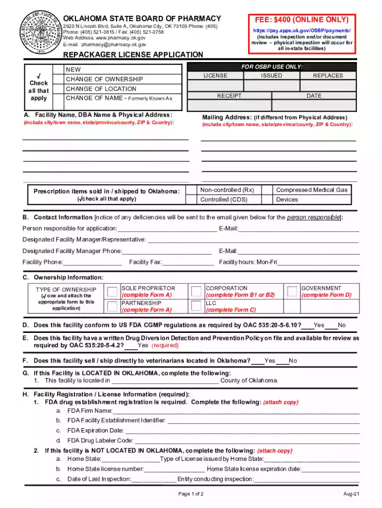 2021 Form OK Repackager License Application Fill Online ... Preview on Page 1