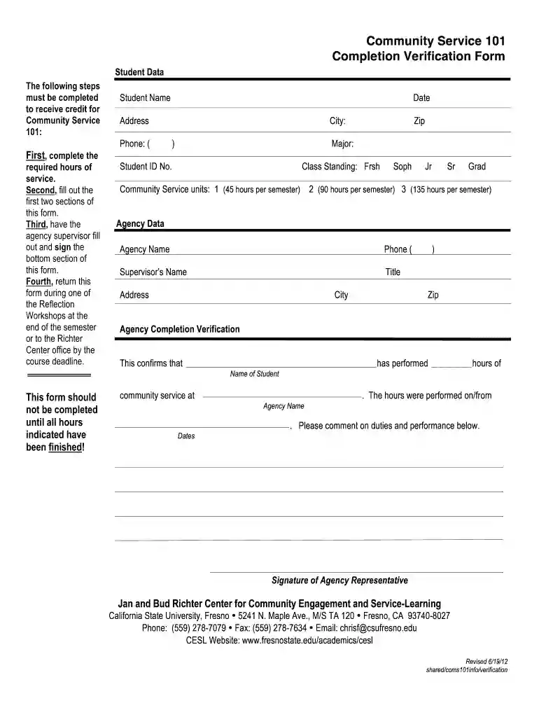 community service completion form Preview on Page 1