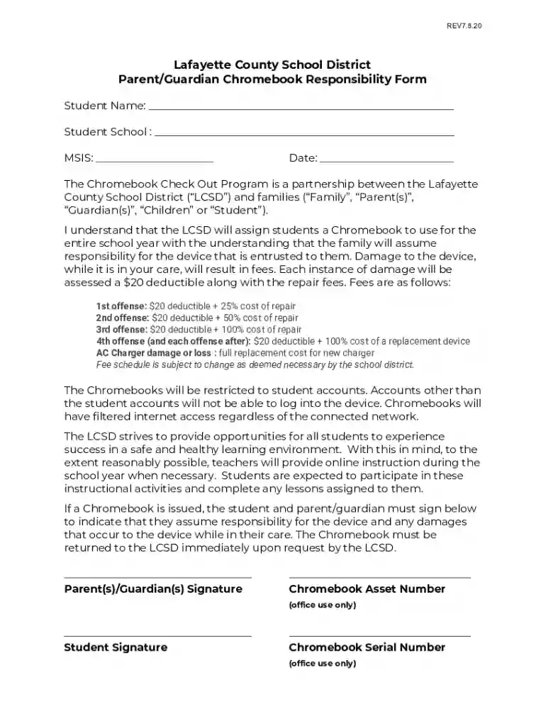 Parent Guardian Chromebook Responsibility Form Preview on Page 1