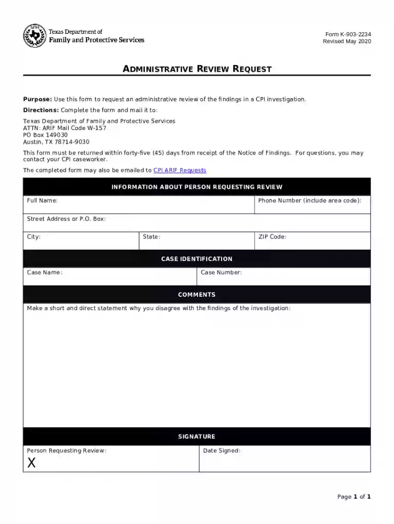 Form 2940, Request for an Administrative ReviewTexas Preview on Page 1