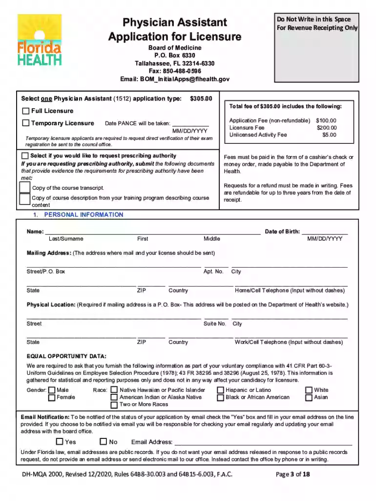 florida physician assistant form Preview on Page 1