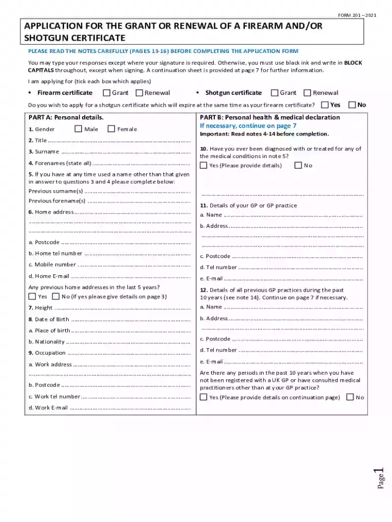 FORM 2012021 - Application for the grant or renewal of a firearm and or shotgun certificate Applicat Preview on Page 1