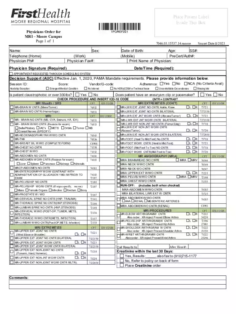 Physicians Order for Diagnostics MRI Moore Campus - First Preview on Page 1
