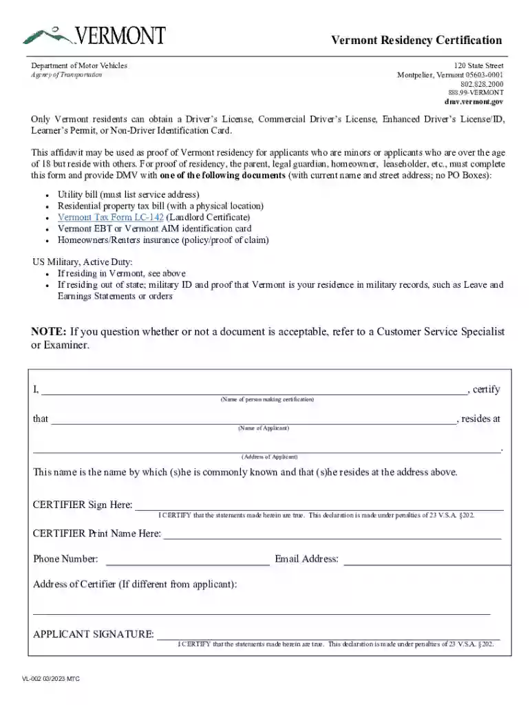vermont residency certification Preview on Page 1