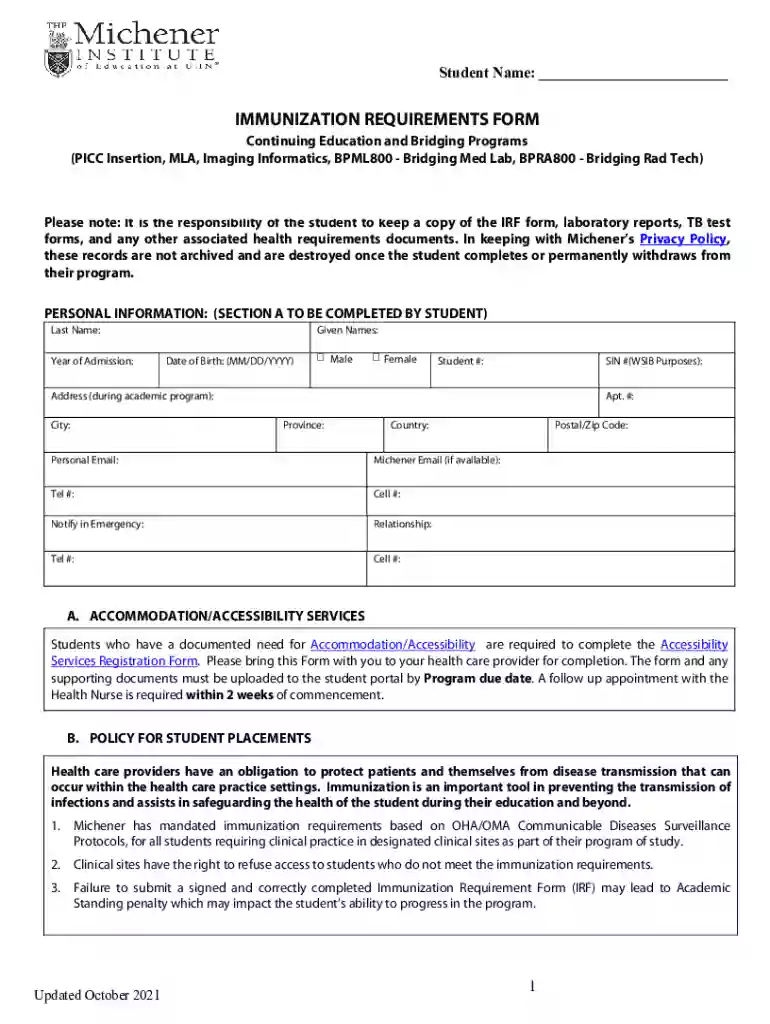michener institute immunization requirements form Preview on Page 1