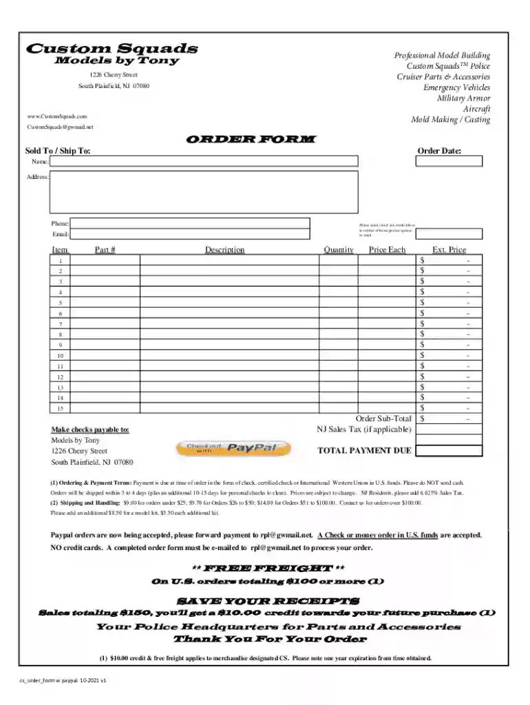 Custom Squads Order Form Preview on Page 1