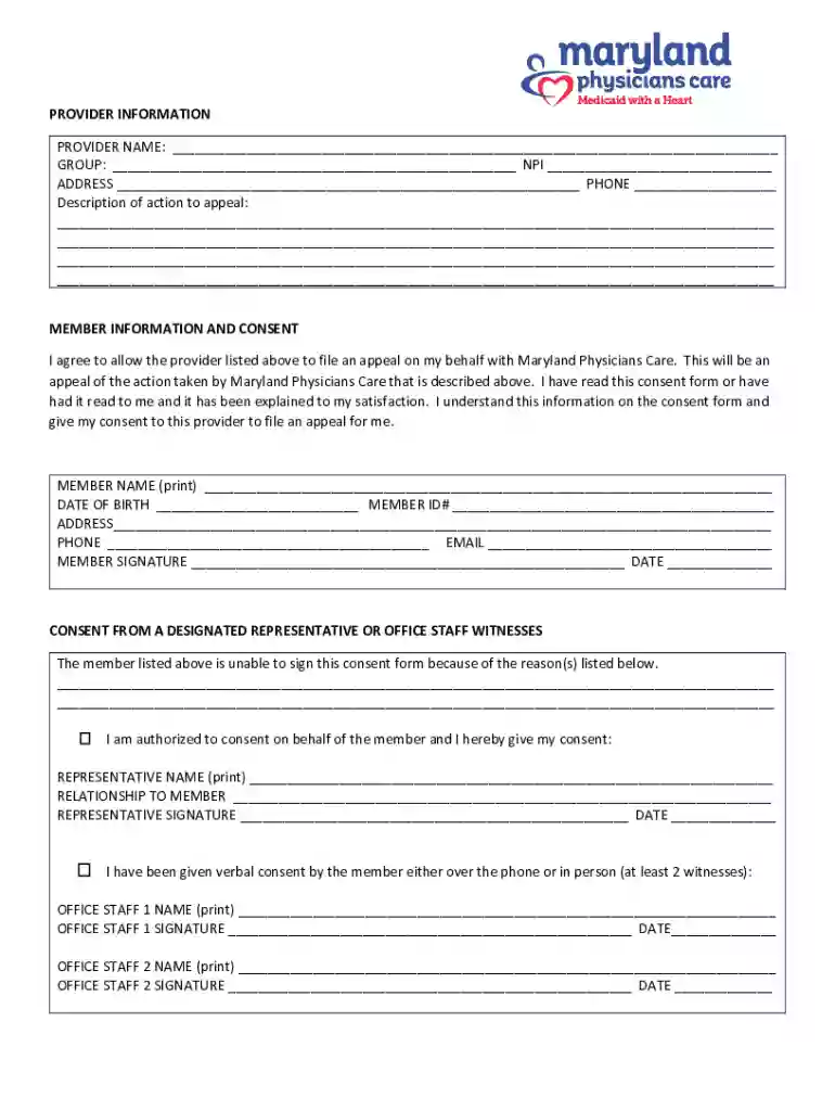 maryland care appeal consent form Preview on Page 1
