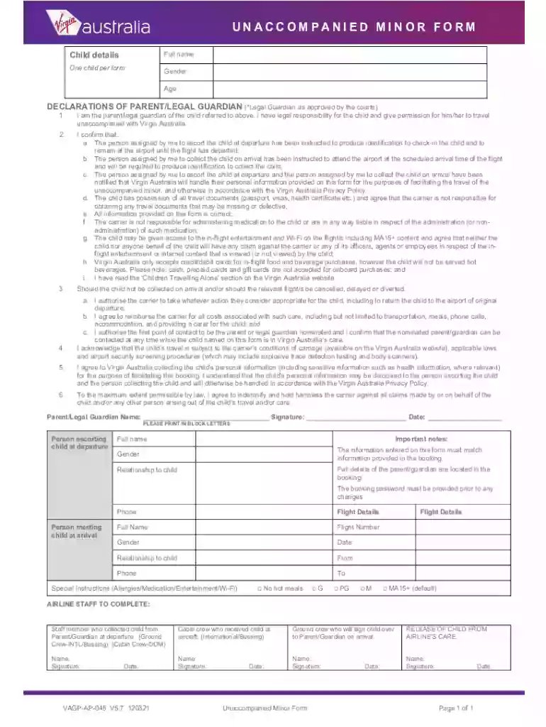australia unaccompanied minor form pdf Preview on Page 1