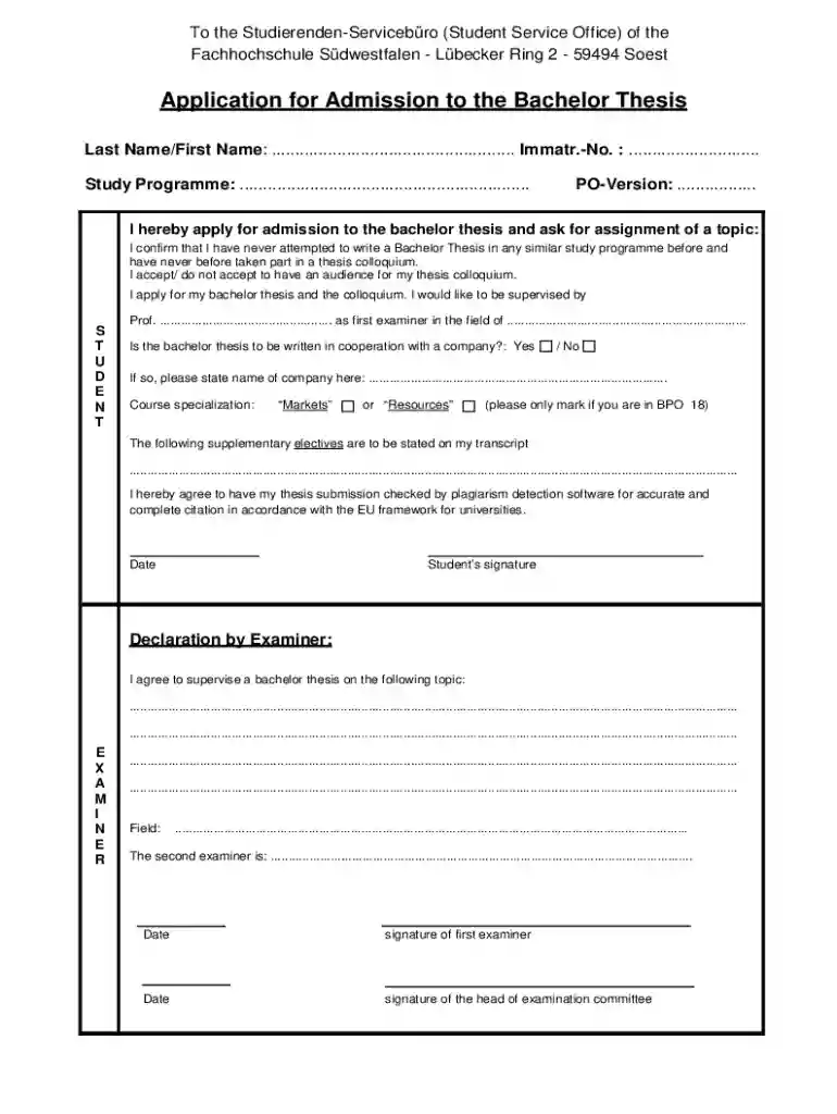 Bachelor Thesis Application Form Preview on Page 1