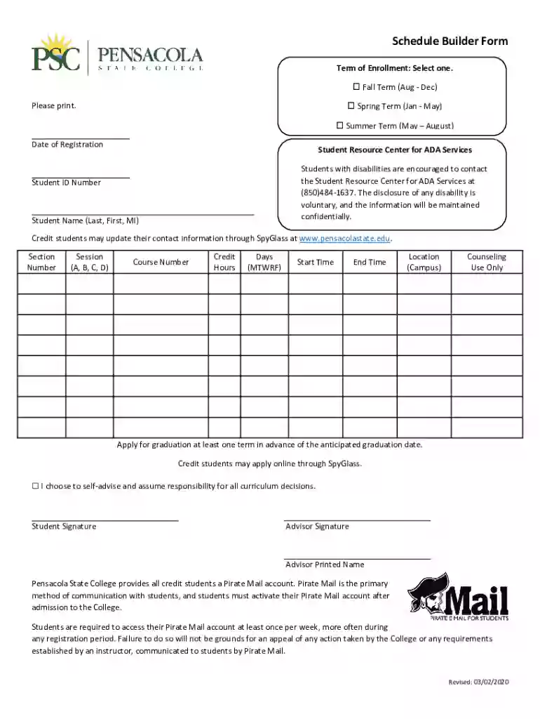 Pensacola State College Schedule Builder Form Preview on Page 1