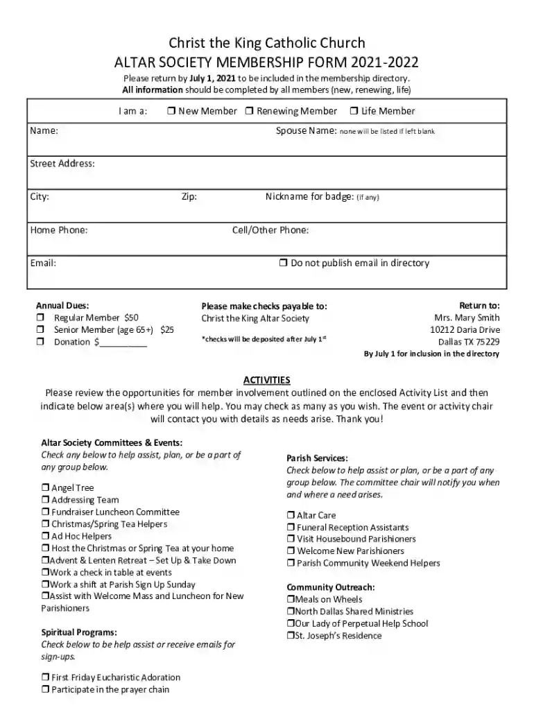 Christ the King Catholic Church ALTAR SOCIETY MEMBERSHIP Preview on Page 1
