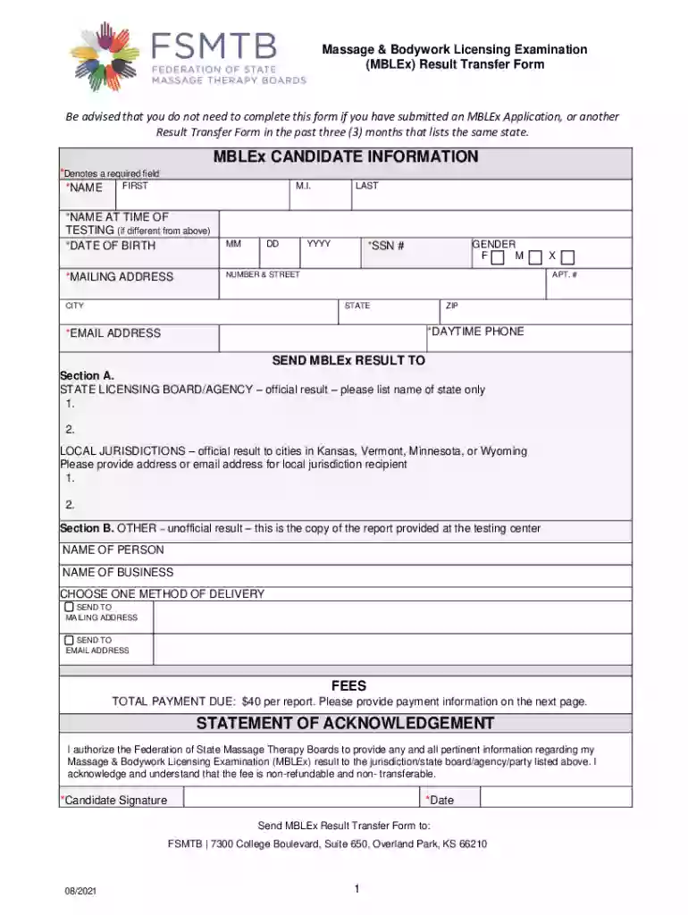 mblex result transfer form Preview on Page 1