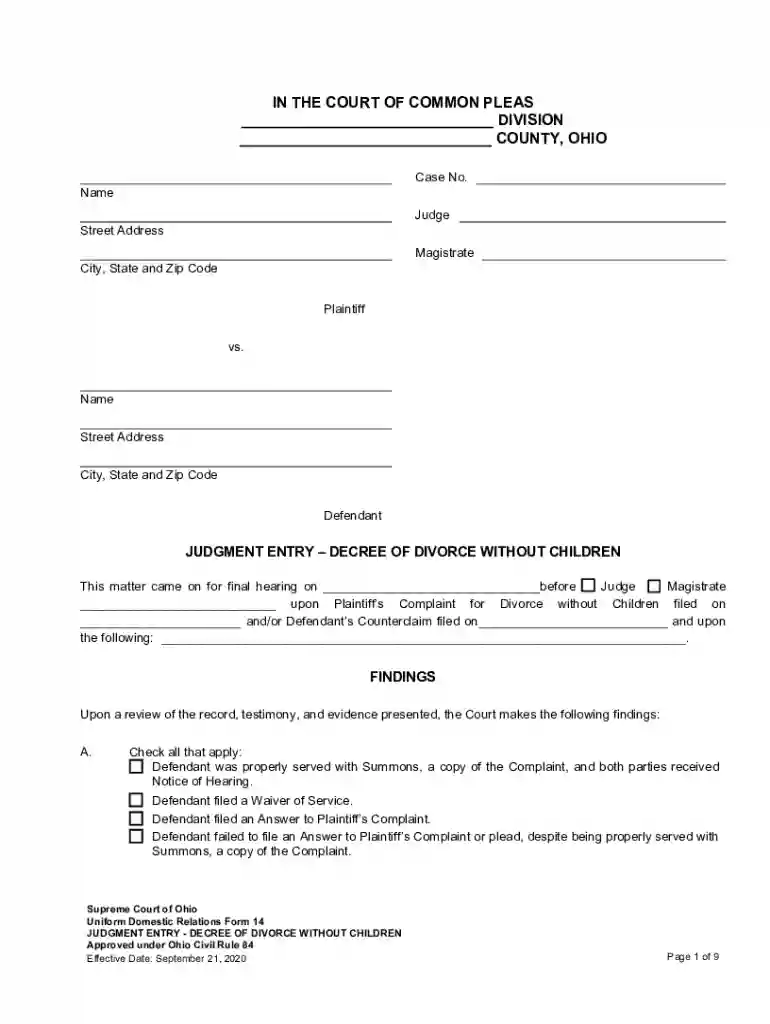 Uniform Domestic Relations Form 14 (Judgment Entry - Decree of Divorce Without Children) Preview on Page 1