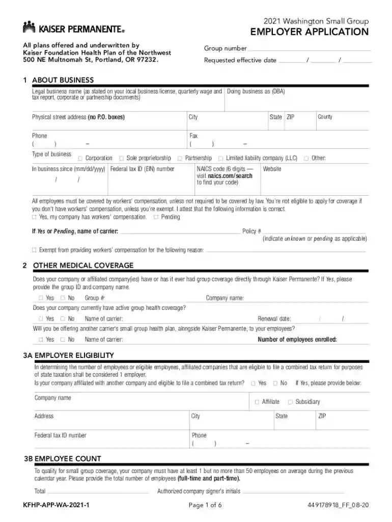 2021 WA Small Group Employer Application Preview on Page 1