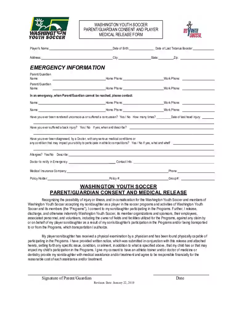 washington youth soccer medical release form Preview on Page 1