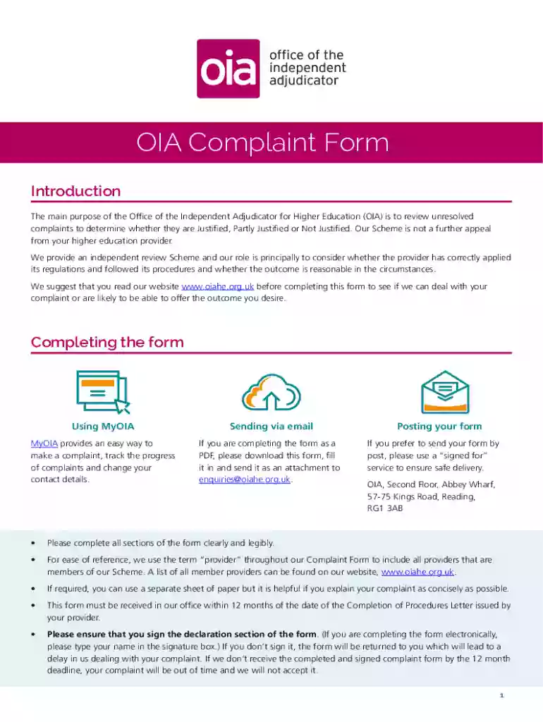 OIA Complaint Form The PDF version of the OIA Complaint Form Preview on Page 1