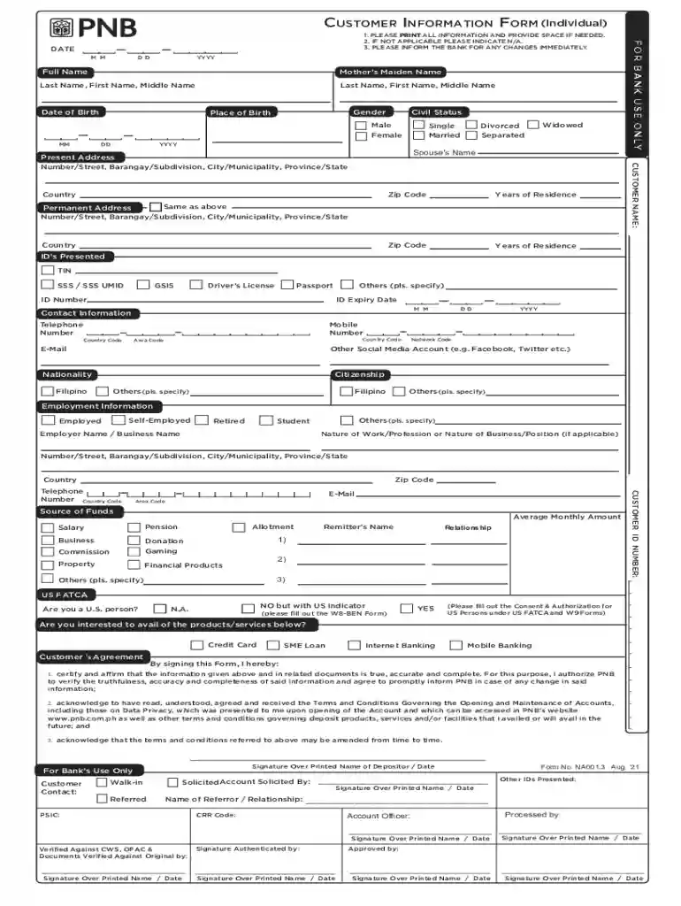 pnb customer information form Preview on Page 1