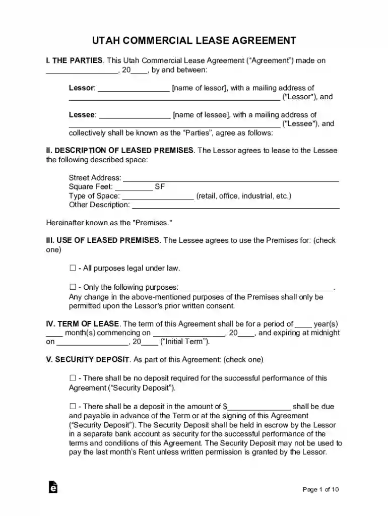 freetempl utah-commercial-lease-agreementUtah Commercial Lease Agreement Form Sample Template Preview on Page 1