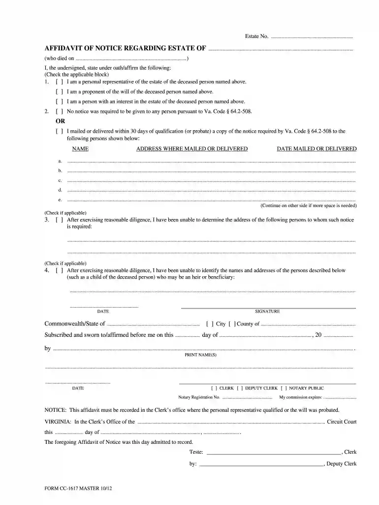 affidavit of notice regarding estate virginia Preview on Page 1