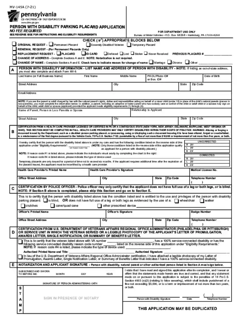 pa handicap placard form Preview on Page 1