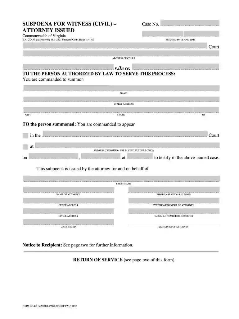 subpoena for witness civil va 2013 form Preview on Page 1
