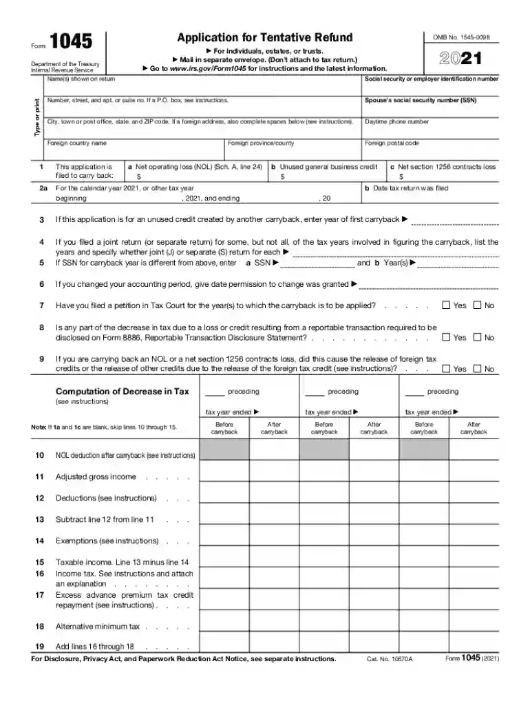 2021 form 1045 Preview on Page 1