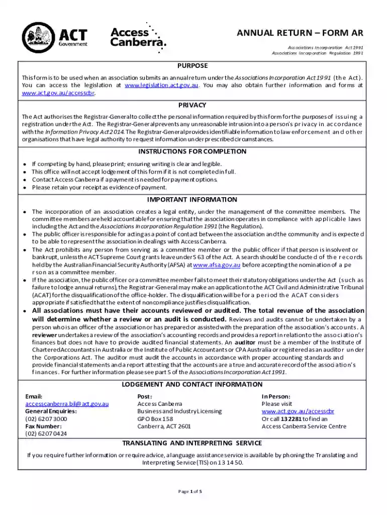 files accesscanberra act filesAnnual return - form AR - files accesscanberra act Preview on Page 1