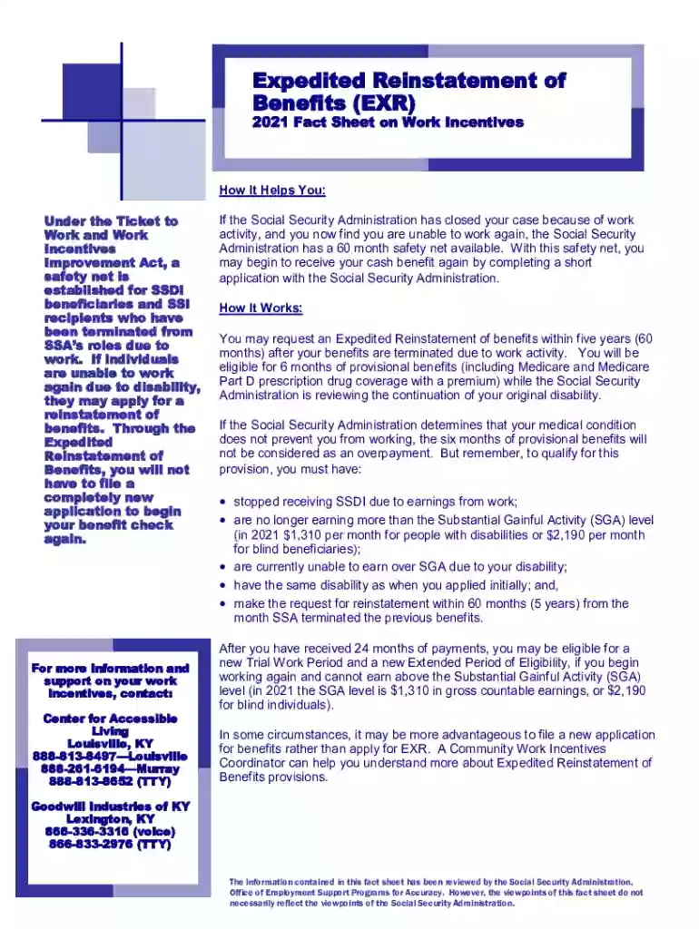 Expedited Reinstatement of Benefits (EXR) 2021 Fact Sheet Preview on Page 1