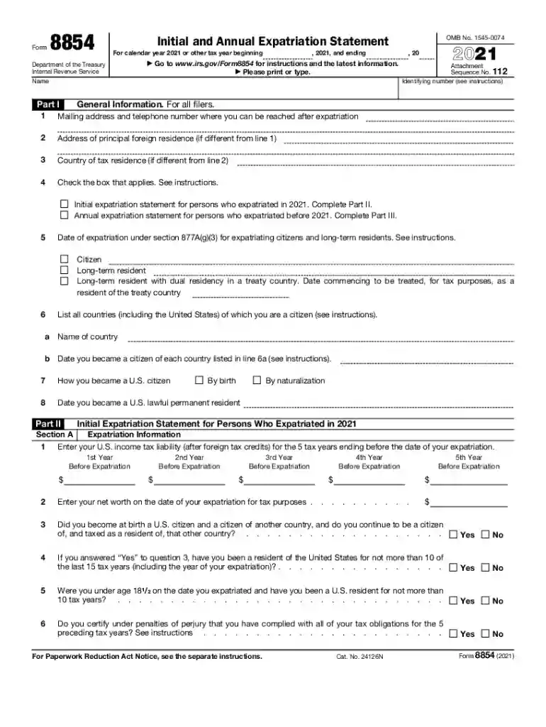 form 8854 Preview on Page 1