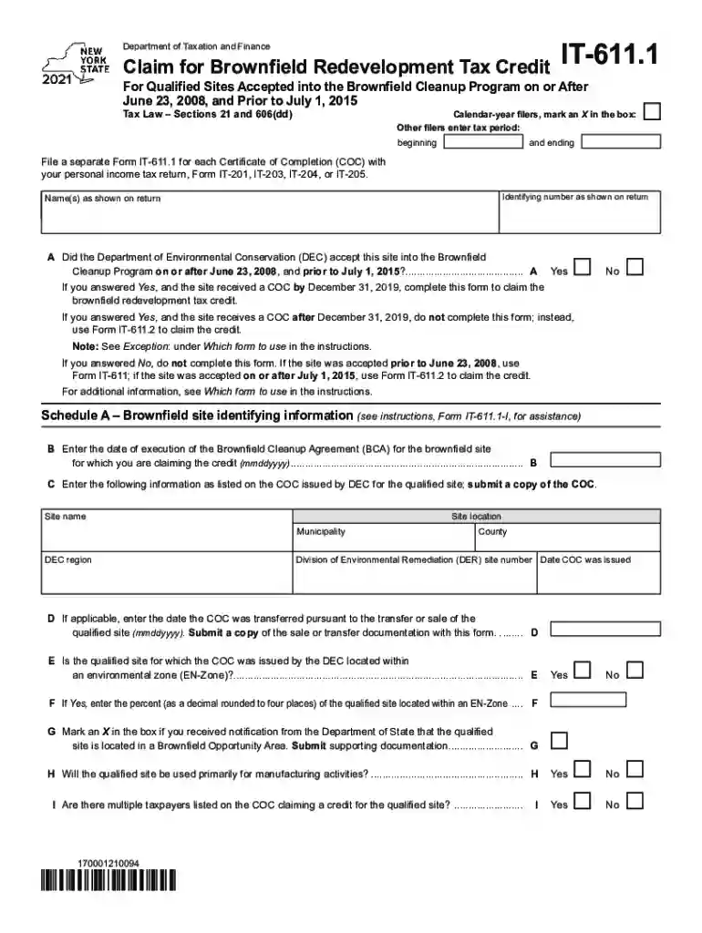 Form IT-611.1 Claim for Brownfield Redevelopment Tax Credit Tax Year 2021 Preview on Page 1